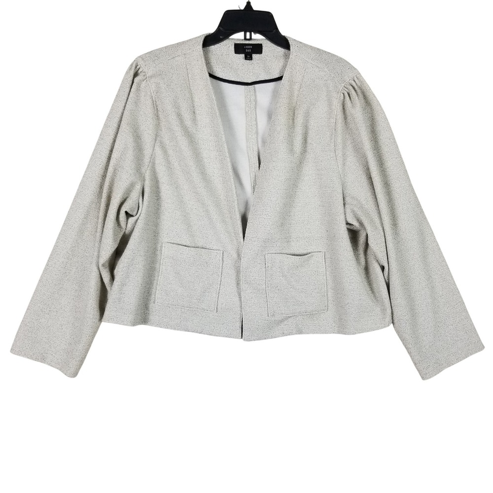 J. Crew 365 Cardigan Jacket Women 3X Cream Black Textured Puff Sleeve Open Front